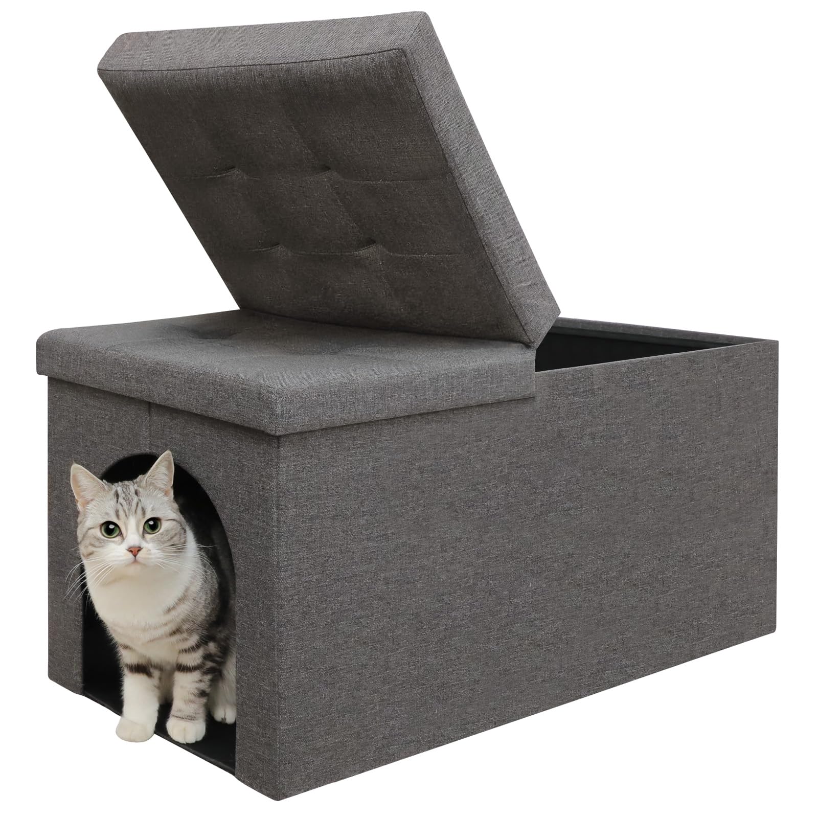 Cat Litter Box Enclosure Furniture, Hidden Litter Box Furniture Ottoman Extra Large Flip-Up Lid, Cat Washroom Bench Storage Cabinet, Dog Proof, Easy Assembly, Gray (30 x 20 x 20 Inches)