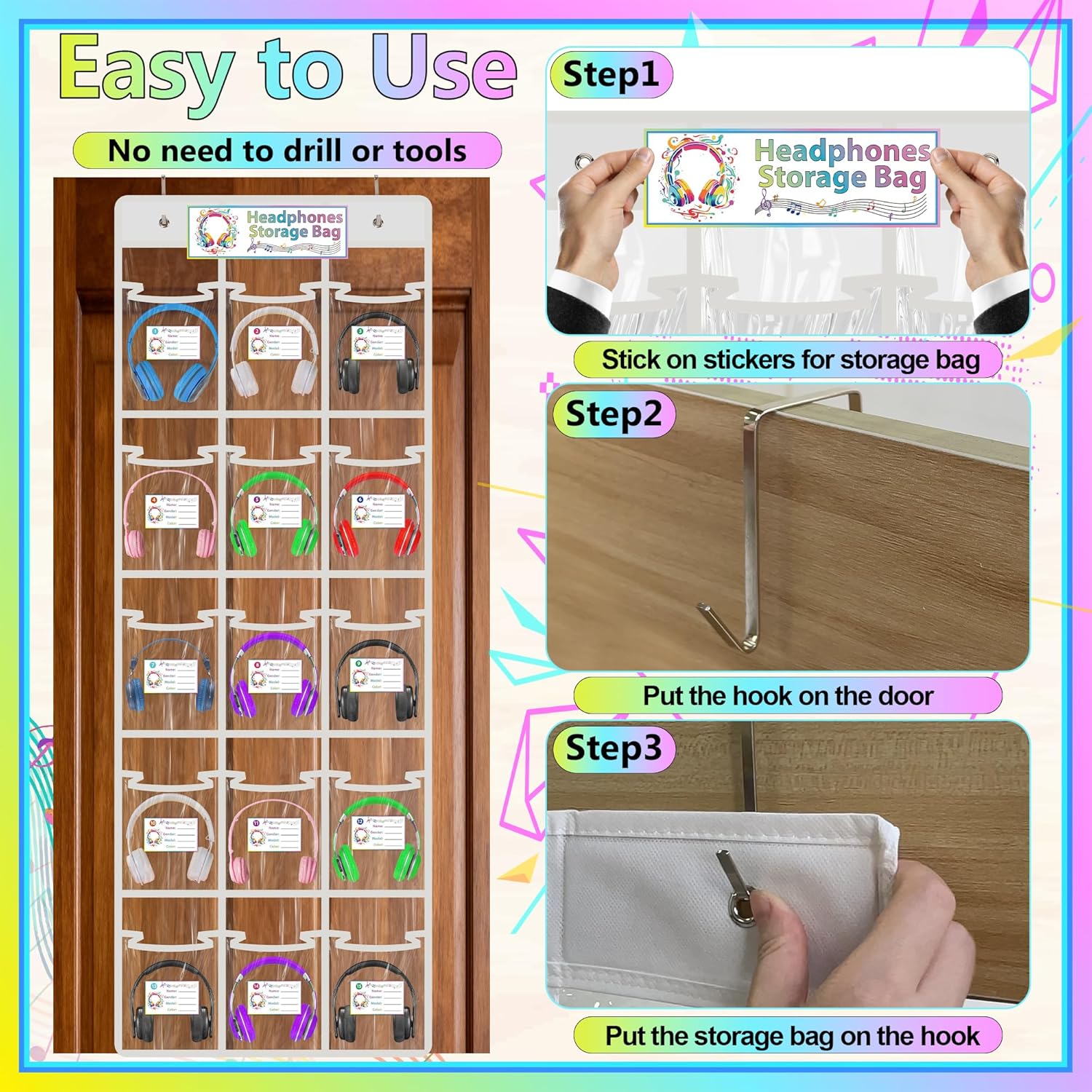 2+68P Classroom Headphone Storage Organize, 30Pockets Clear Earphone Hanging Storage Bags Classroom Over The Door Hanging Headphone Bags with 62P Stickers, 6P Hooks for Tidy Earphones - Image 6