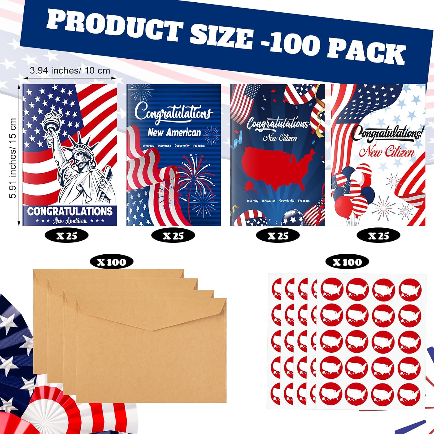 100セット 新しいアメリカのお祝いグリーティングカード 封筒とステッカー付き アメリカ国旗カード 退役軍人 7月4日 メモリアルデ