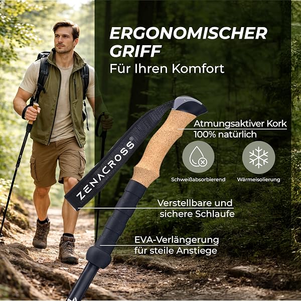 Zenacross® Wanderstöcke Teleskop - Nordic Walking Stöcke Damen/Herren Ultraleichte - Trekkingstöcke Einstellbar mit Natürlich Kork Griff - 5