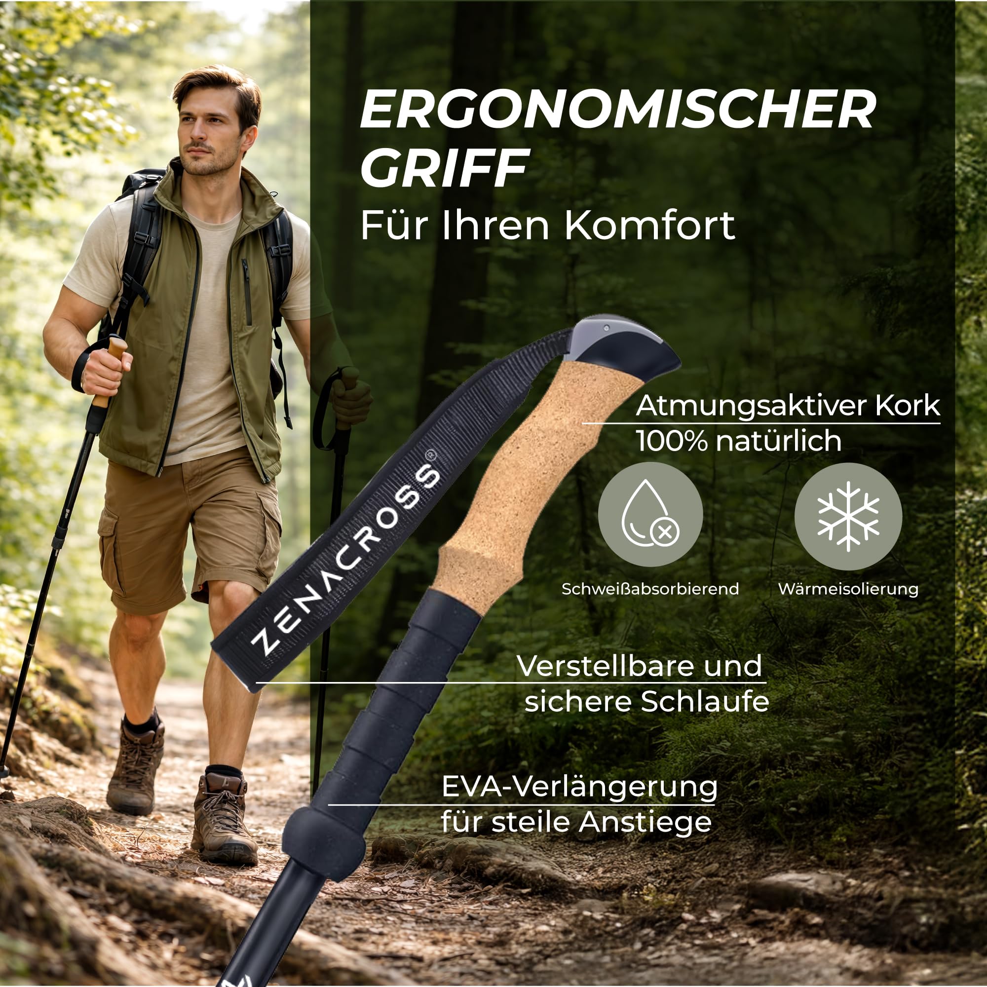 Zenacross® Wanderstöcke Teleskop - Nordic Walking Stöcke Damen/Herren Ultraleichte - Trekkingstöcke Einstellbar mit Natürlich Kork Griff - 5