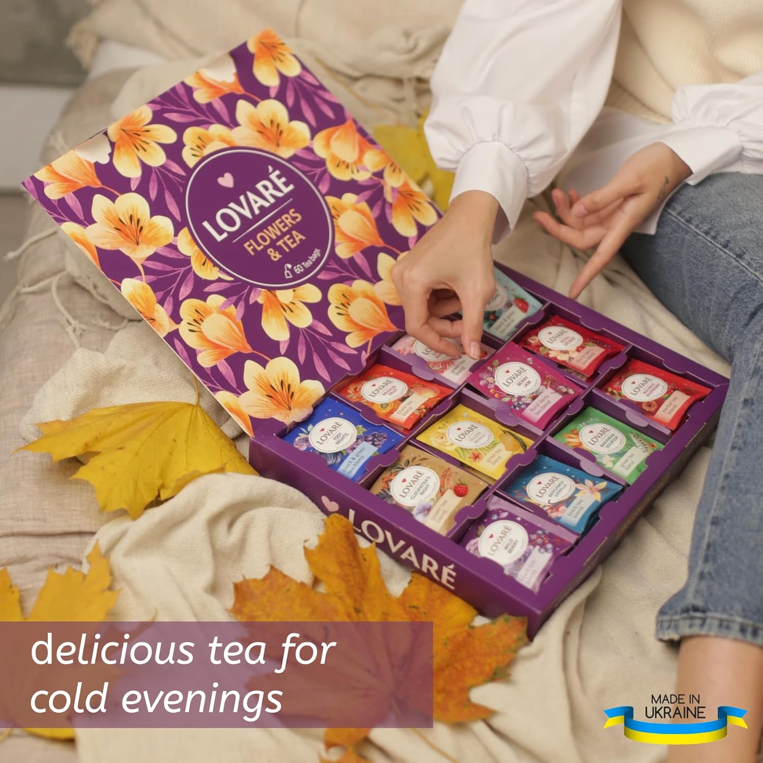 Tea Set By Lovare Made in Ukraine - Black and Green, Fruit, Lavender, Peach Assorted Tea Samplers - Fancy Variety of Tea Packets - Gift Box For Flavored Tea Lovers Men & Women - 60 bags - 12 tastes : Grocery & Gourmet Food