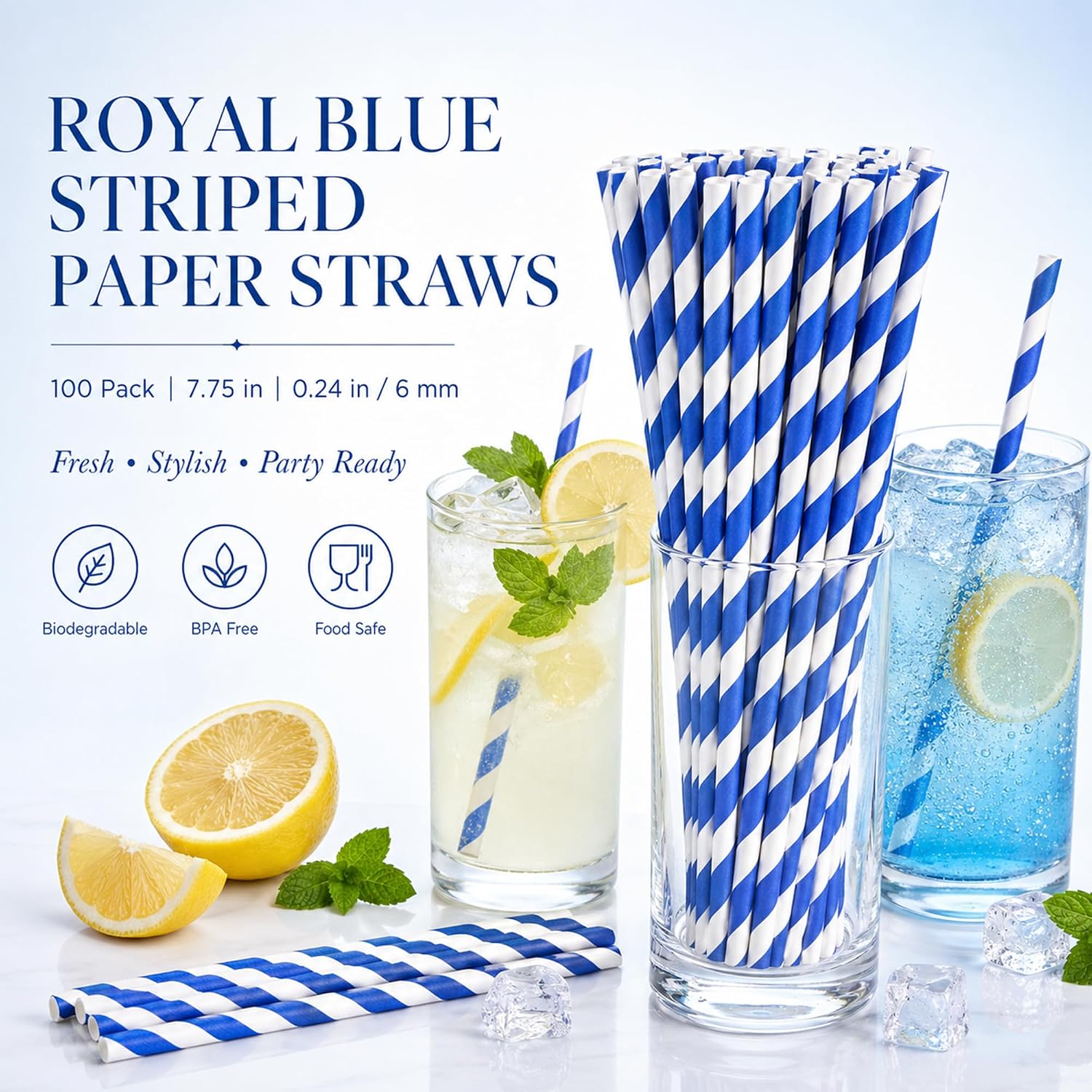 Haundry 100 Blue and White Striped Paper Straws, Biodegradable Disposable Drinking Straws for Birthday, Wedding, Baby Shower, Fourth of July, Party Decoration Supplies