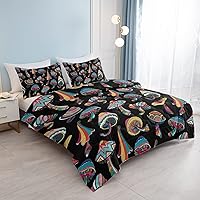 Vista 127 de SOULZZZ Juego de ropa de cama retro hippie tamaño matrimonial, edredón floral de hongos margaritas para niñas y mujeres, edredón negro con 2 fundas