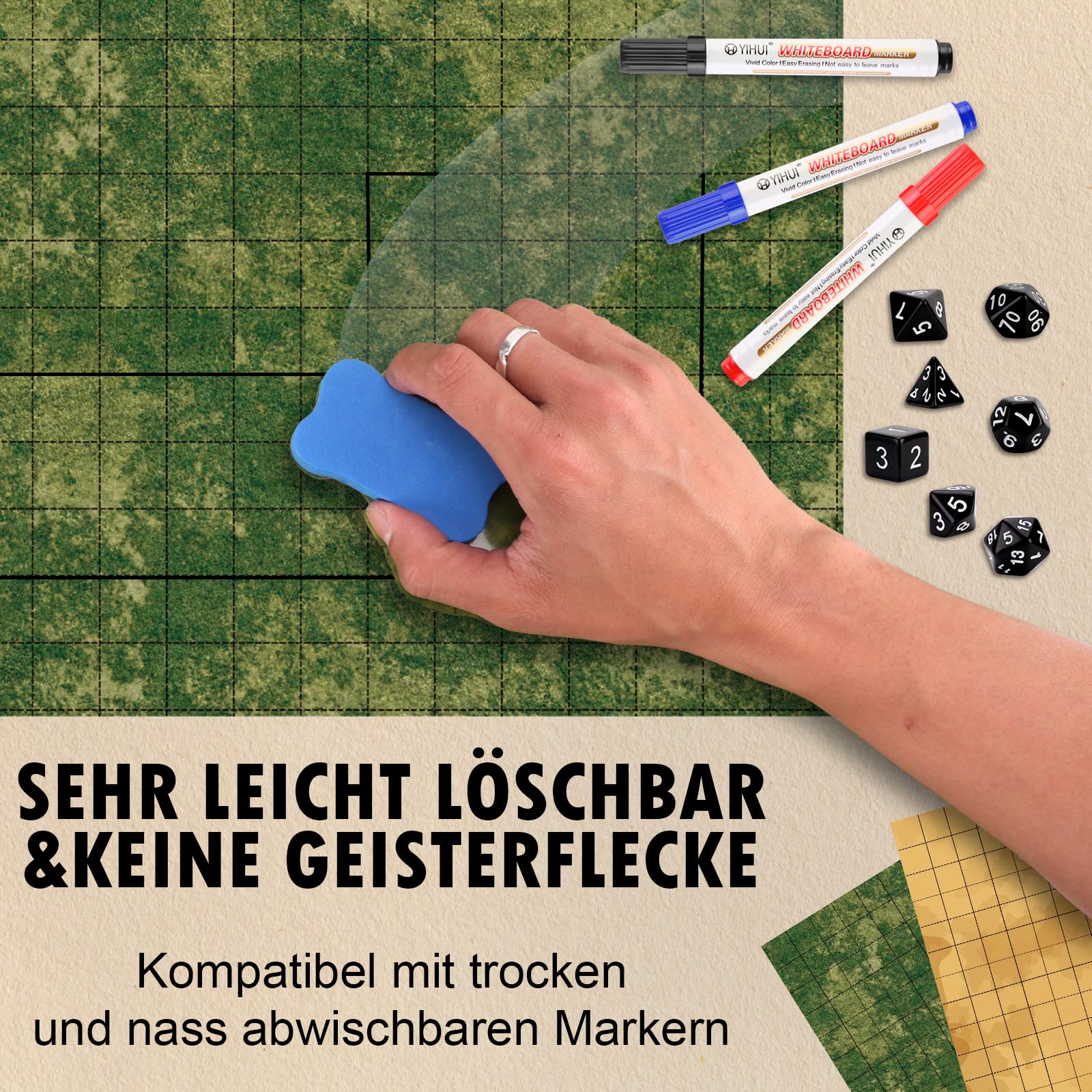 Dungeon Grid Game Mat Doppelseitige Rpg Matte 50x50cm Trockenlöschmatte Würfel für DND Zubehör mit 4 Trocken Abwischbare Marker 1WhiteboardRadierer 7 Würfel für Kriegsspiele Brettspiele Accesorie