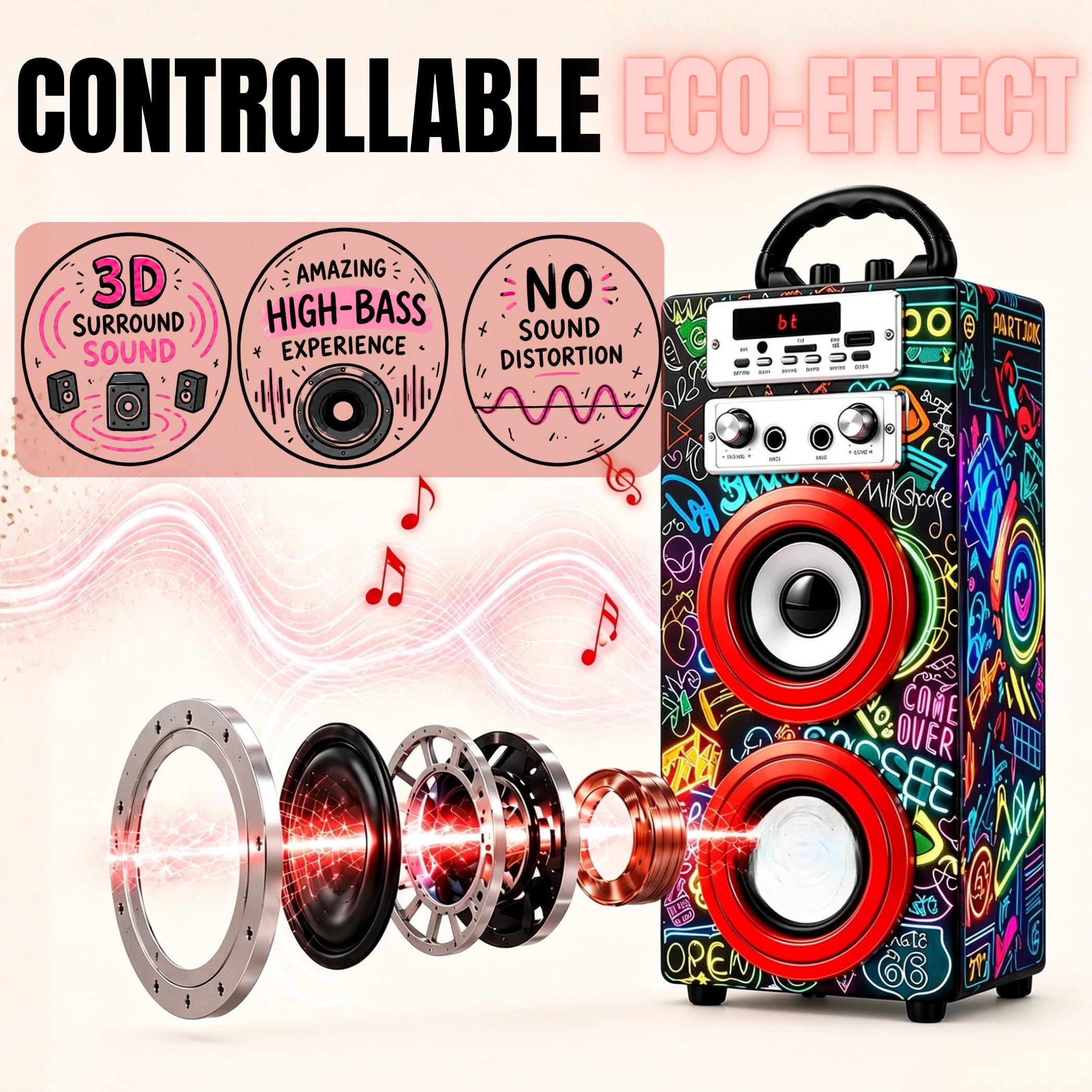 DYNASONIC Macchina Karaoke Portatile, 2 Microfoni, Altoparlante Bluetooth, Luci, Lettore USB e SD (025-21 lights)
