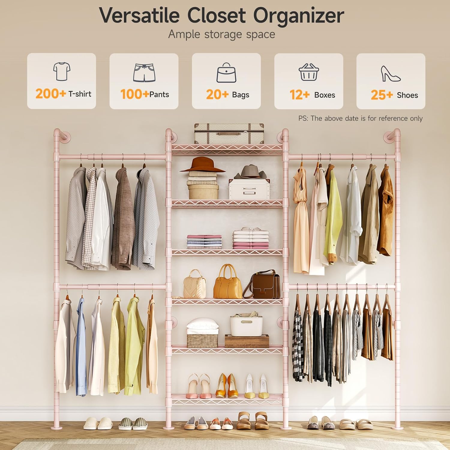 ONBRILL H3 Wall Mounted Closet System, Expandable Industrial Pipe Clothes Rack Clothing Rack for Hanging Clothes, Heavy Duty Closet Organizers and Storage in Wardrobe Closet, Pink