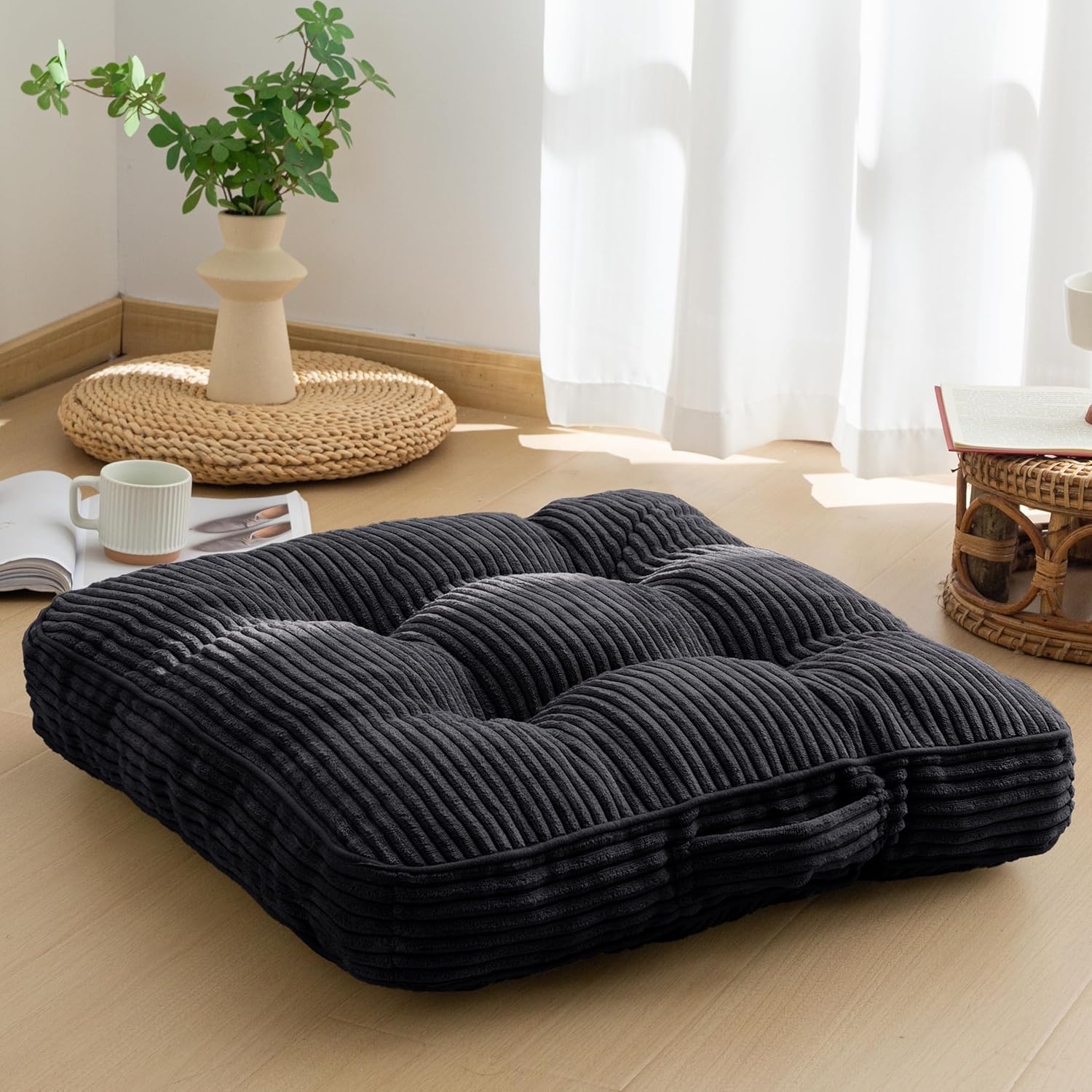 HIGOGOGO Washable Floor Pillow Cushion for Adults, Meditation Cushion Pillow, Large Square Floor Sitting, Removable Tufted Corduroy Cover, for Tatami Living Room or Yoga, 22x22 Inch, Machine Washable Black 4" Thick(Pack of 1)