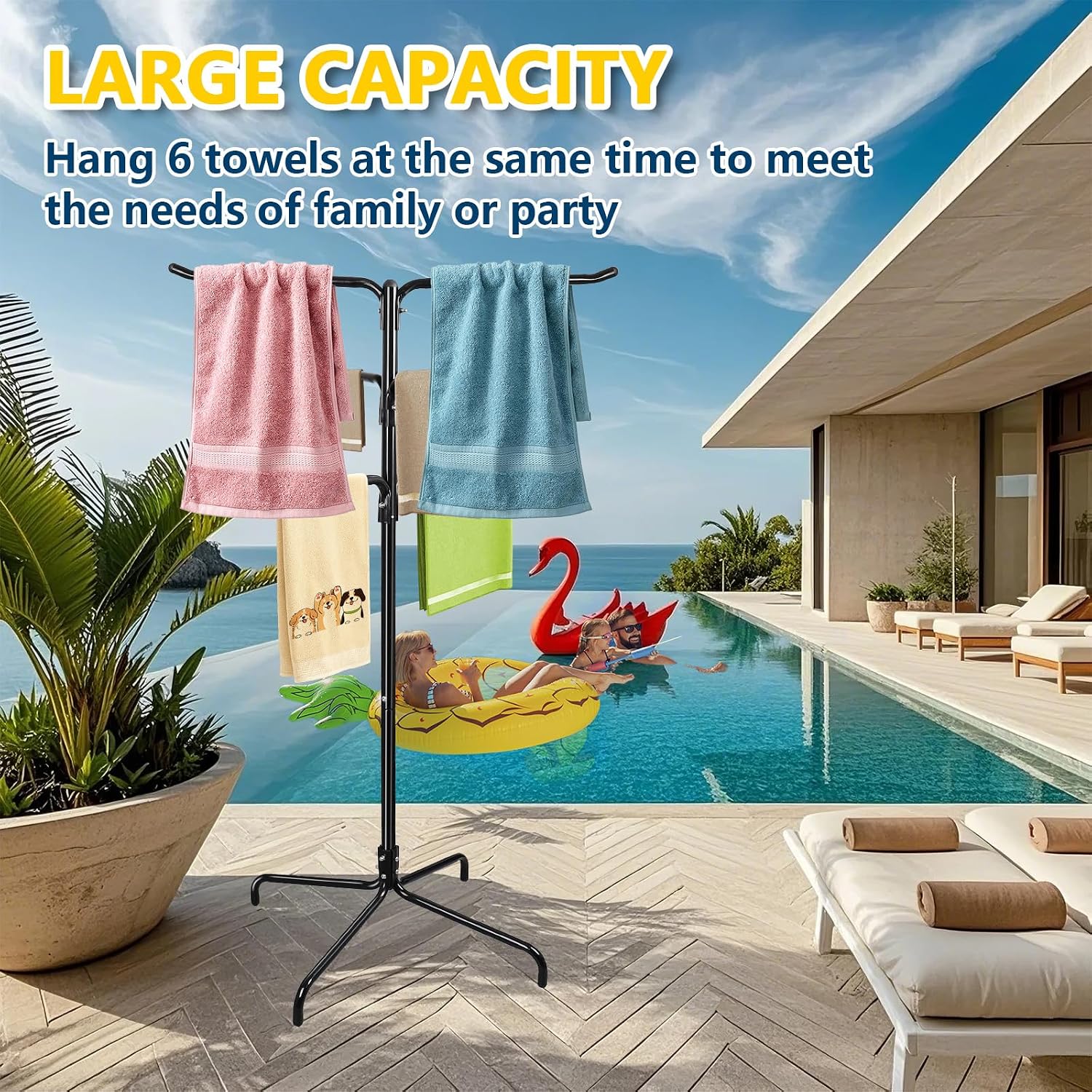 Pool Towel Rack Outdoor, 6 Bars Column Floor Standing Towel Rack, Adjustable Pool Patio Towel Holder with Weighted Base(Black