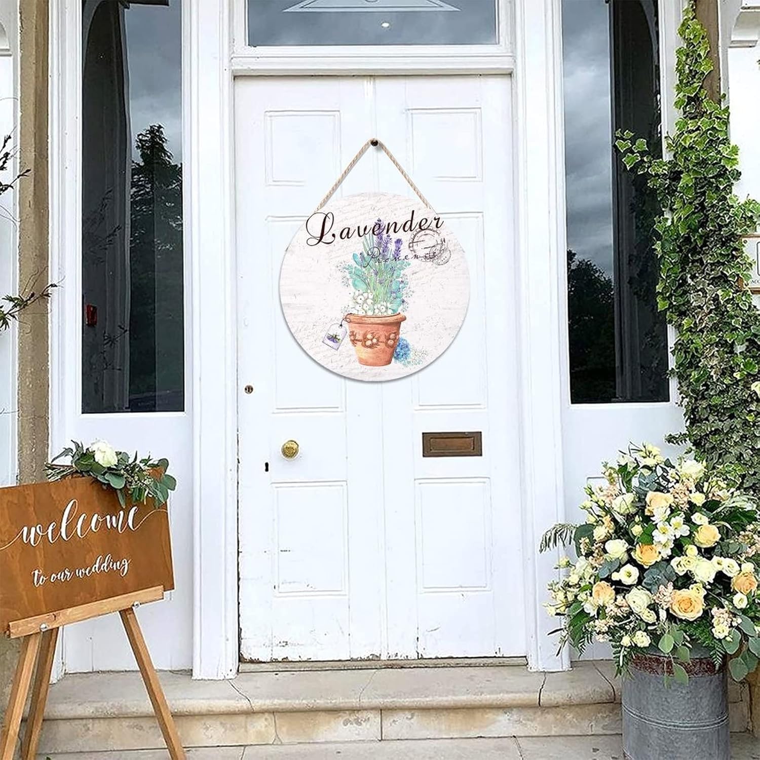 Custom Calligraphy Wall Door Hanging Sign, Lavender Wood Door Sign, Vintage 16x16in Round Door Hanger Sign for Outdoor Front Porch Farmhouse Front Door Decor Housewarming Gifts