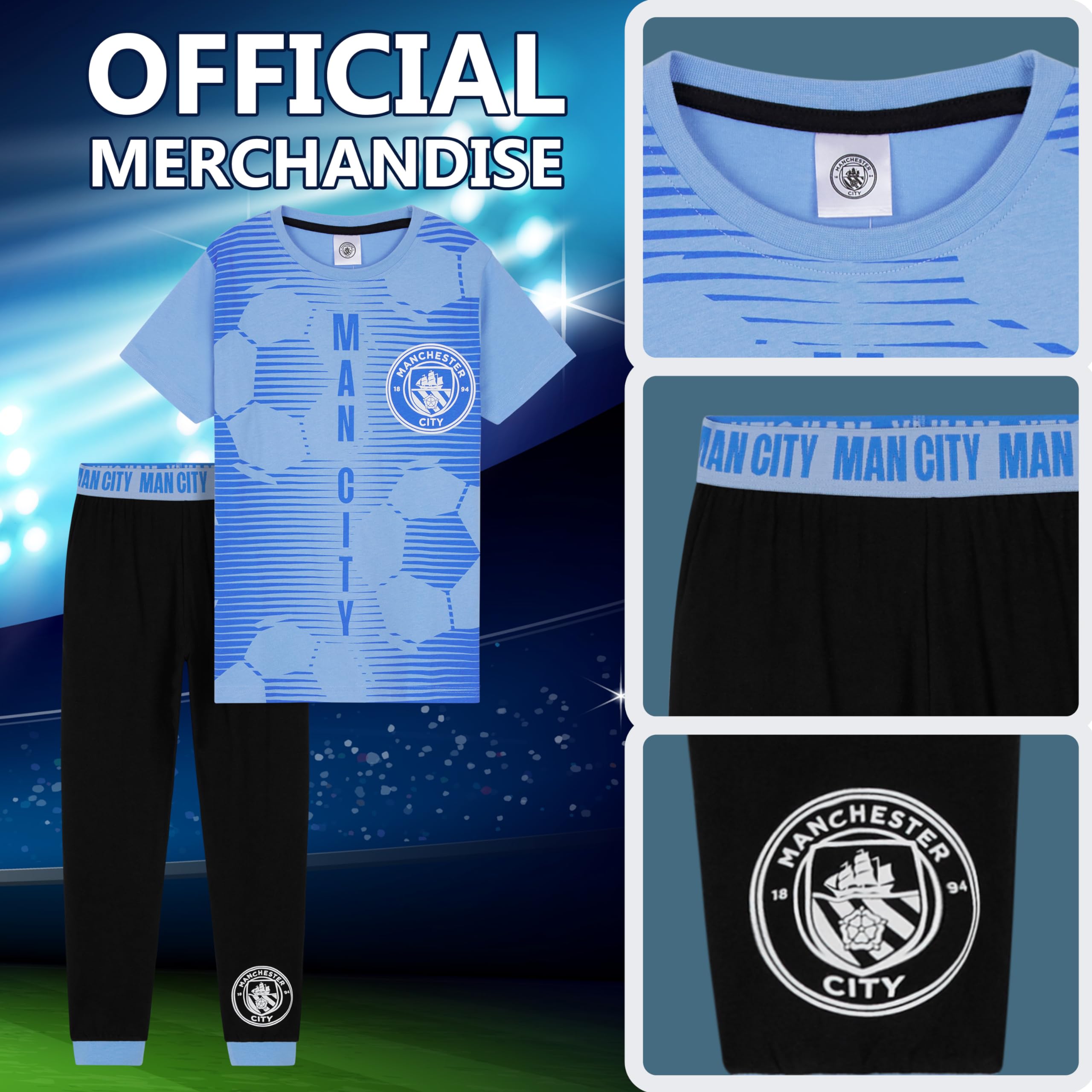 MANCHESTER CITY FC Pyjama Garçon - Confortable Vêtement de Nuit - Cadeau Enfant (Bleu/Noir, 9-10 Ans)