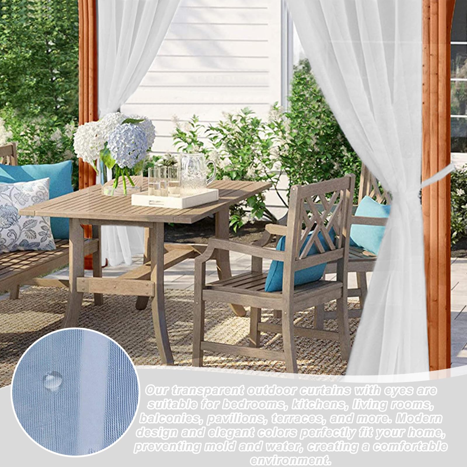 Rideau D'extérieur, Rideaux D'extérieur Transparents Résistants Aux Intempéries avec œillets, 2 Pièces de Rideau (L132 X H213 Cm), Rideaux de Balcon, Rideau Voilage Pour Pavillon, Salon, Terrasse
