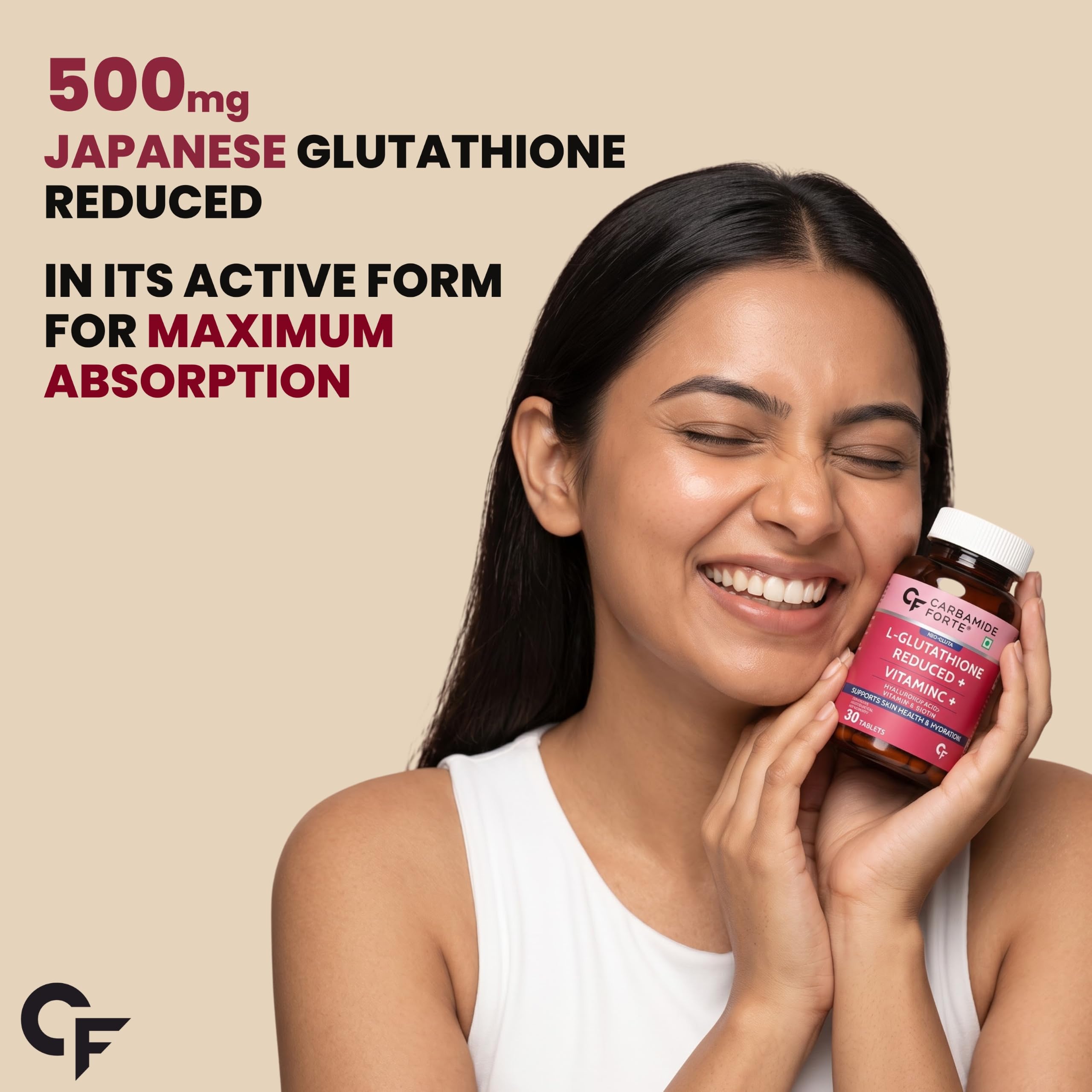 Carbamide Forte Japanese Reduced L-Glutathione Tablets 500mg | Glutathione Supplement with Vitamin C, Hyaluronic Acid, Biotin, Lycopene & Vitamin E | Glutathione Tablets for Skin Glow, Even Skin Tone & Antioxidant Support | 30 Veg Tablets 1