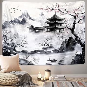 GOAOK Japanese Tapastry, Black and White Cherry Blossom Anime Wall Tapestry for Men, Asia Nature Landscape Abstract Ink Painting Tapestries for Bedroom Living Room Home Decor 80 x 60