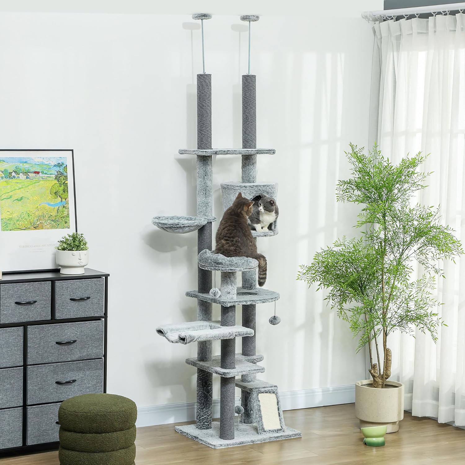 Adjustable Gray Floor-to-Ceiling Cat Tree Tower with Hammocks and Condo
