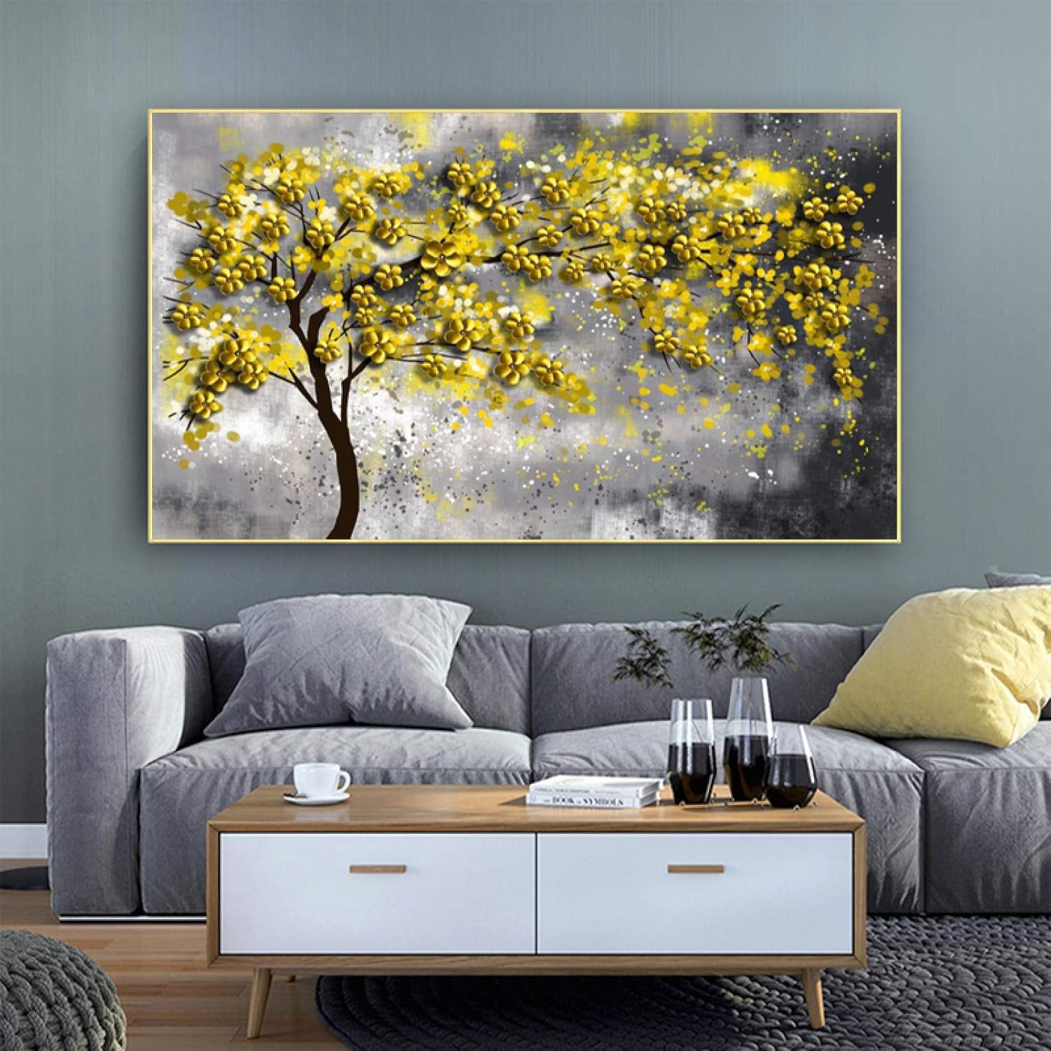 キャンバスアート黄色の木のポスタープリント花風景画家の装飾壁の写真リビングルーム抽象芸術壁画-60x100cmフレームなし