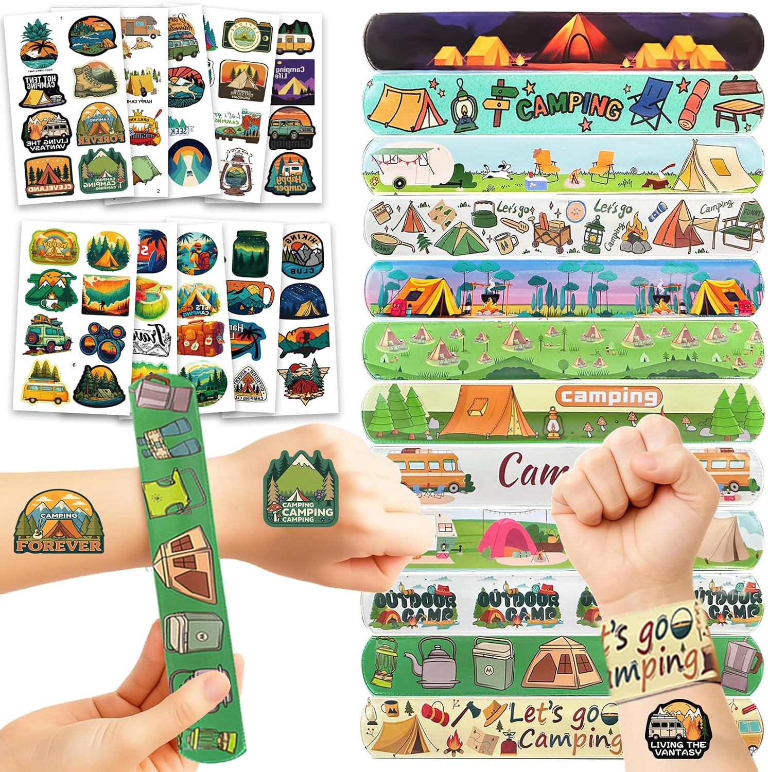 Camping Party Favors Set, 24 Camping Slap Bracelets & 75 Temporary Tattoos, Campfire Tent Forest Hiking Theme Wristbands & Tattoos for Camping Birthday, Trail Gathering, Outdoor Celebration Supplies