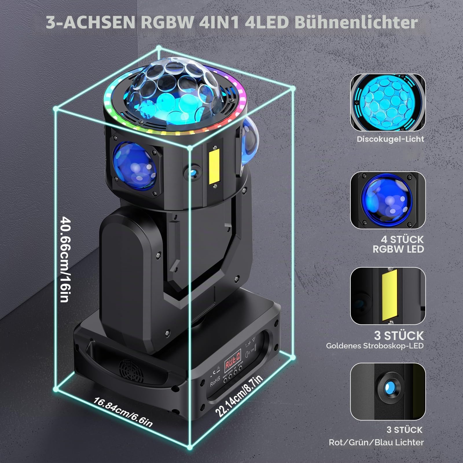 Moving Head LED 150W 3-in-1 Beweglicher Scheinwerfer 3-Achse Discolicht DMX512 Stage Licht RGBW Strobe Effekt für Party Familie Hochzeit Geburtstag