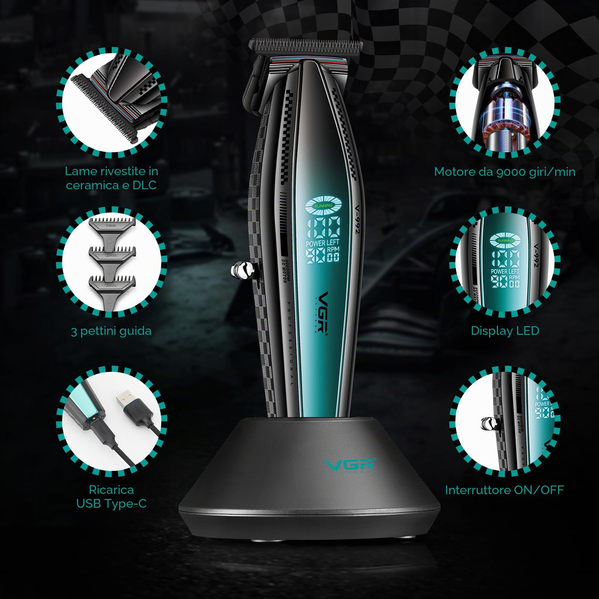 VGR Regolabarba professionale da uomo, motore elettrico DC 9000 giri/min, lama DLC T di precisione, batteria ricaricabile USB-C senza fili, batteria da 240 minuti con dock, dettaglio capelli da