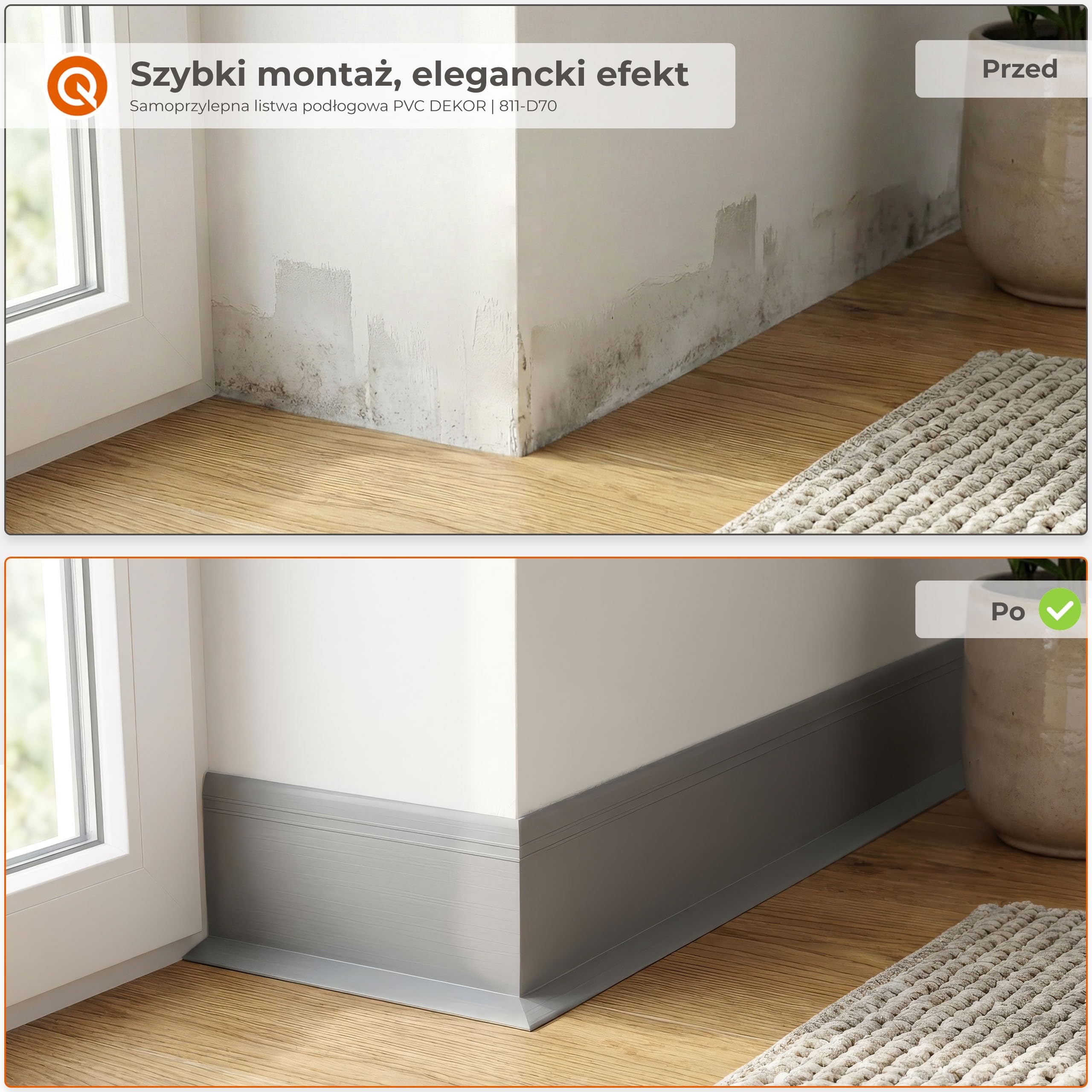 Quest Listwa cokołowa PVC 70x20 mm samoprzylepna DEKOR – czarny, 15 m | Elastyczna miękka listwa podłogowa z frezem ozdobnym, odporna na wilgoć i UV, profil przejściowy, montaż bez wiercenia