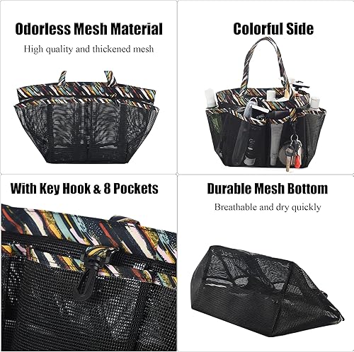 Miniatura 27 de Carrito de ducha de malla con bolsa interior impermeable, extra grande, negro, portátil, para dormitorio universitario, baño, campamento, 8 Rayas