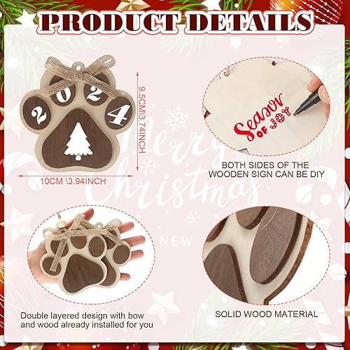 Miniatura 2 de 12 adornos de Navidad para perro, árbol de Navidad, adornos de pata de perro, lindos recortes de madera de 2 capas de impresión de patas, decoración