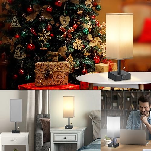 Miniatura 6 de Lámpara de noche gris con puertos USB, lámpara de dormitorio con cadena de tracción para mesita de noche, lámpara de mesa pequeña con USB C + un