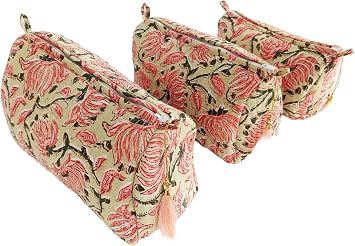 Rastogi Handicrafts Cosmetic Bags Set, 3 Piece Make Up Organizer Bag Storage Bags with Zipper Closure 3, Beige, Design-2