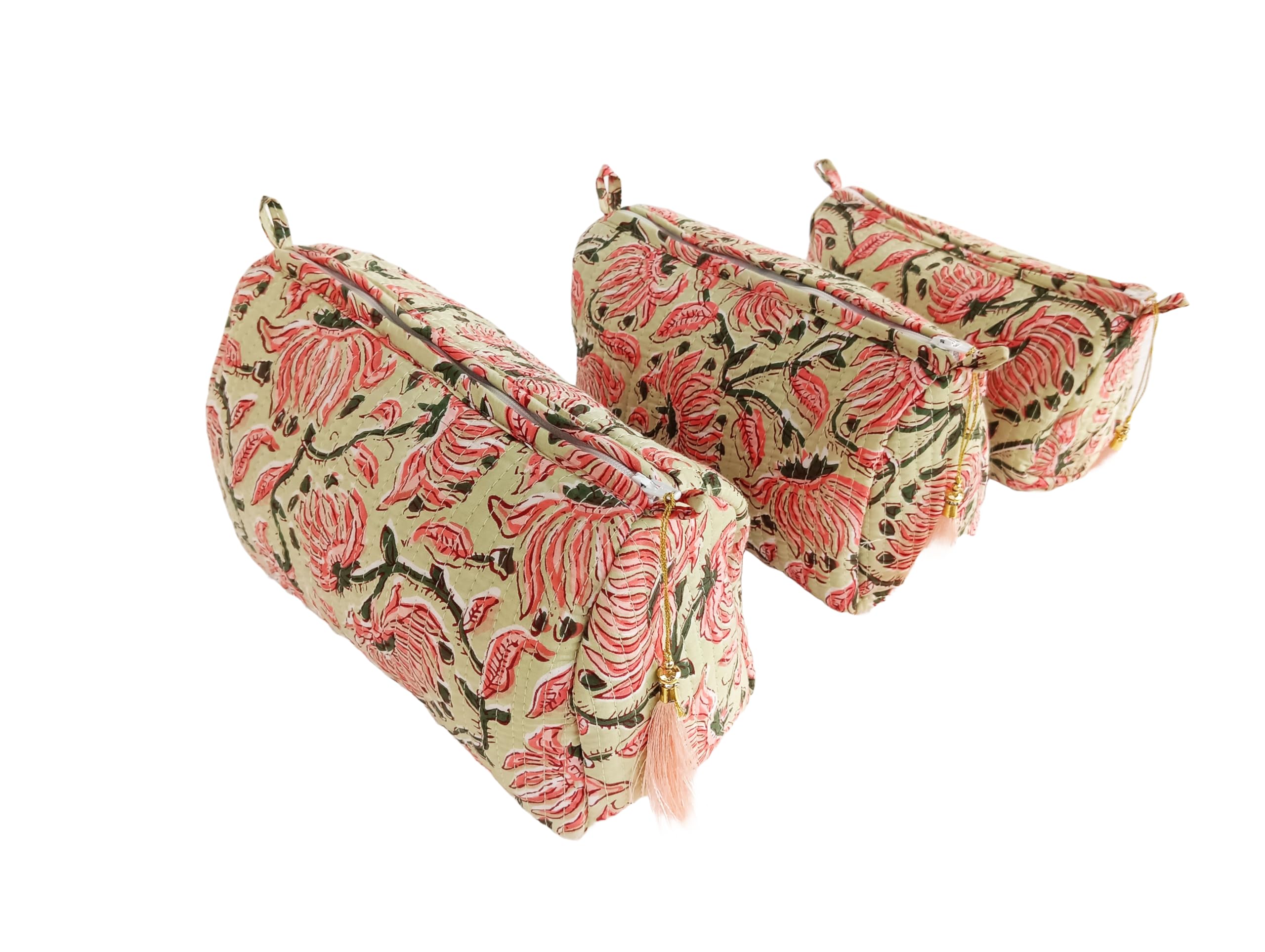 Rastogi Handicrafts Cosmetic Bags Set, 3 Piece Make Up Organizer Bag Storage Bags with Zipper Closure (3, Beige, Design-2)