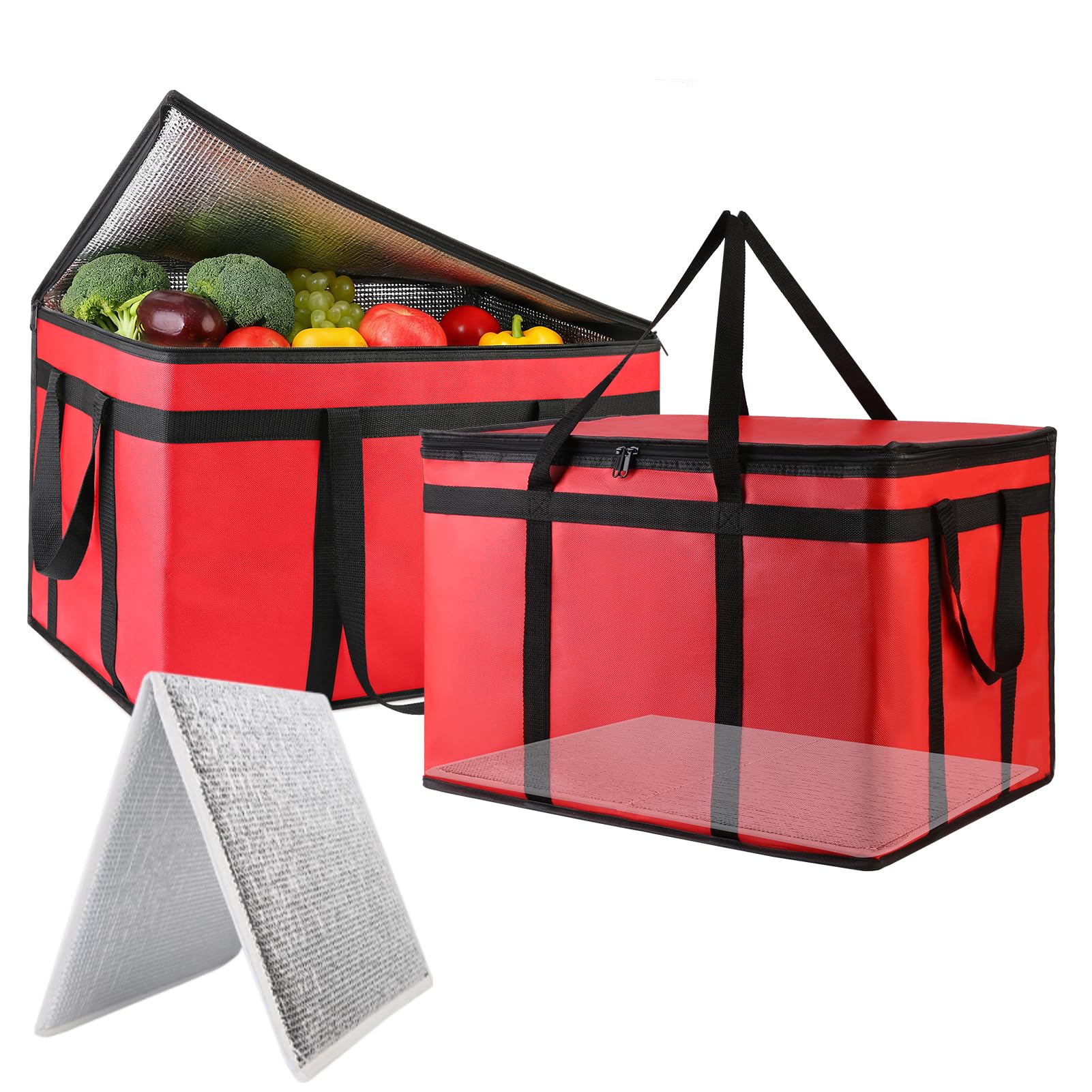 2PK Insulated Food Delivery Bag with Baseboard — Reusable Thermal Cooler Grocery Bags for Catering & Delivery, Pizza Carrier for Events, Large