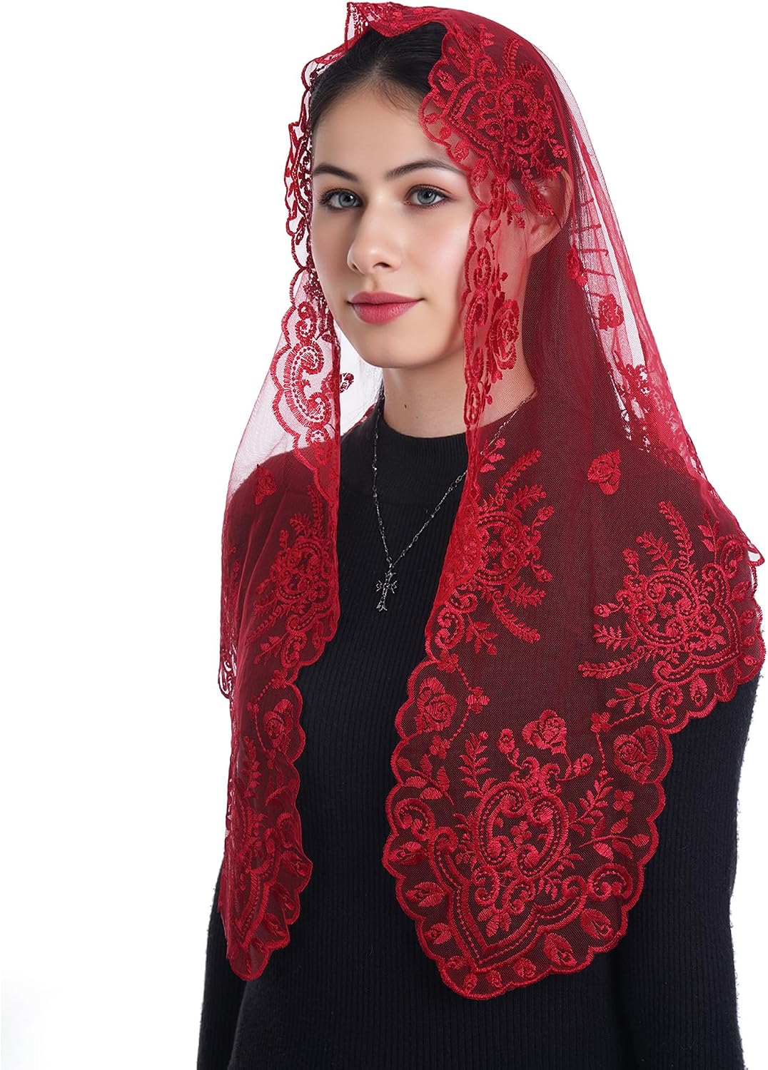 Bozidol Veils for Church Catholic Women: Triangular Rose Sacred Heart Mantilla Veil for Mass Holy Week, Religious Chapel Veil
