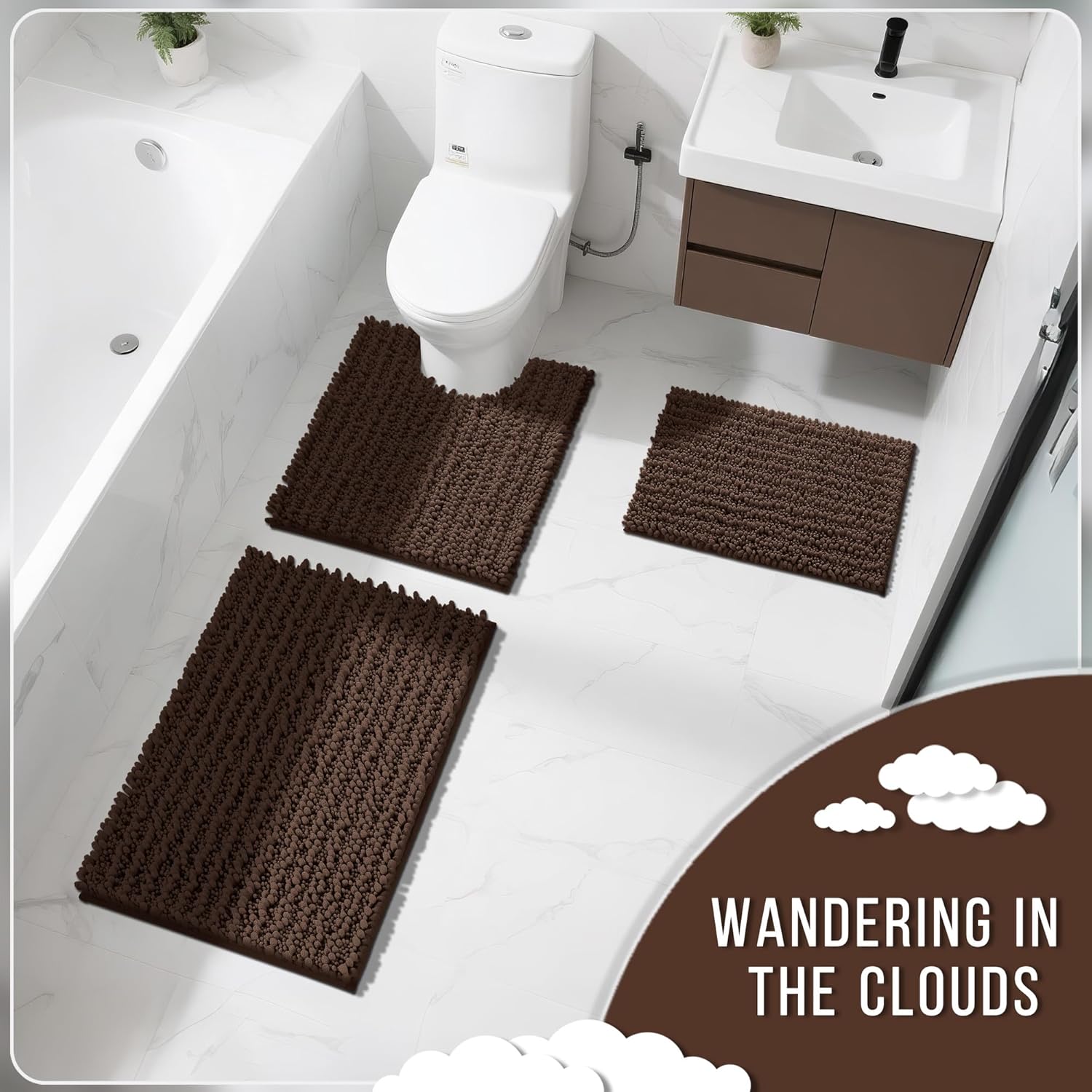 Yimobra Bathroom Rugs Sets 2 Piece - Quick Dry Extra Thick Luxury Chenille Bath Mat, Non Slip Super Absorbent for Tub Shower Sink, Machine Washable Shaggy Floor Mat, 32"x20"+24"x17" Inch, Brown - Image 7