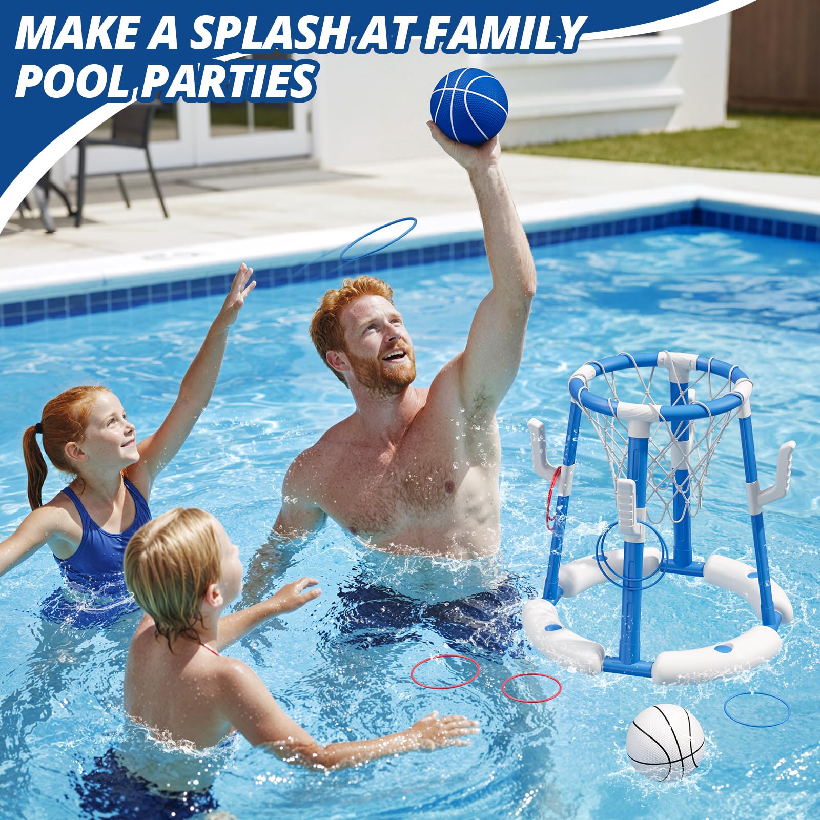 HYES Canasta de Baloncesto Piscina, Flotante Canasta Juguetes para Niños, Piscina de Baloncesto con 4 Bolas 8 Anillo, Juegos de Agua Interior y Exterior para Niños Adultos, Azul