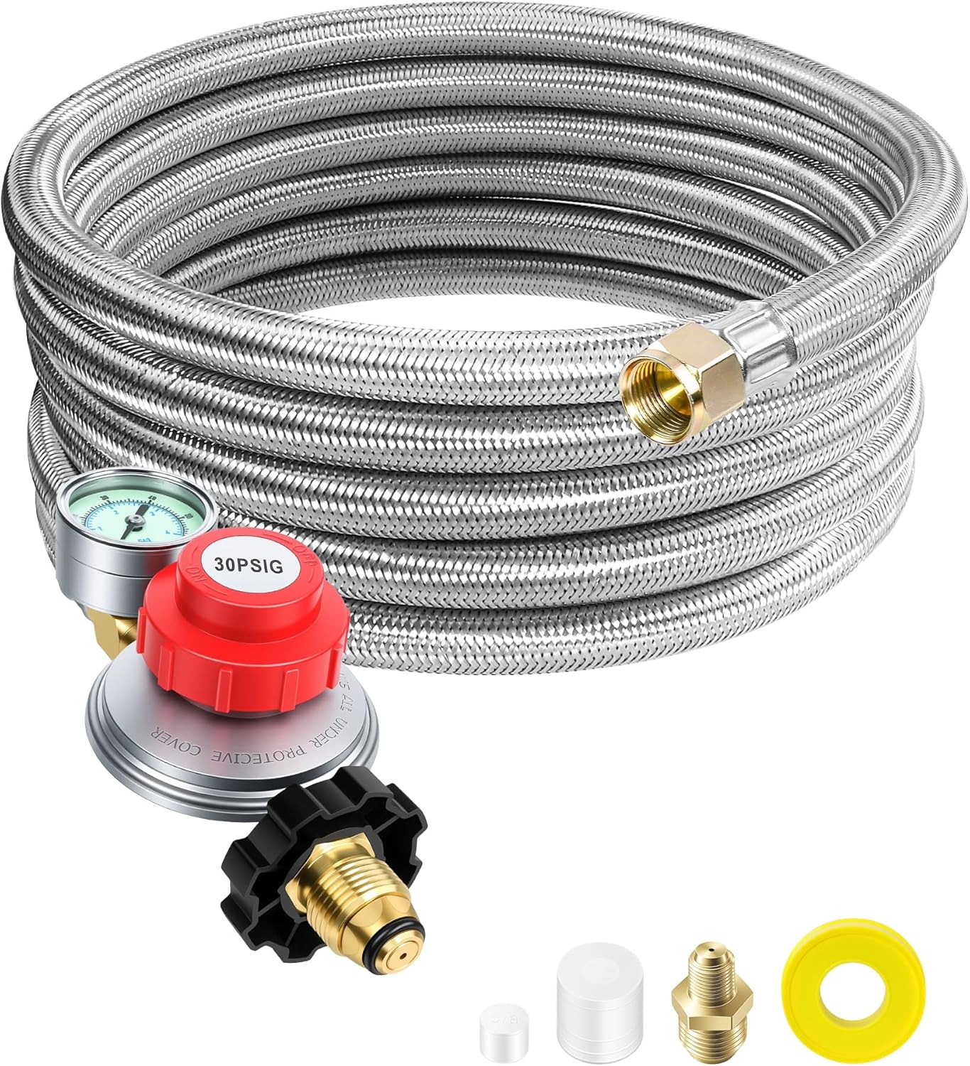 DPB 12FT High Pressure Propane Regulator with Hose, 0-30PSI Adjustable Propane Regulator with Gauge Indicator,Propane Tank Fose for Burner, Turkey Fryer, Forge, Griddle, Smoker and More