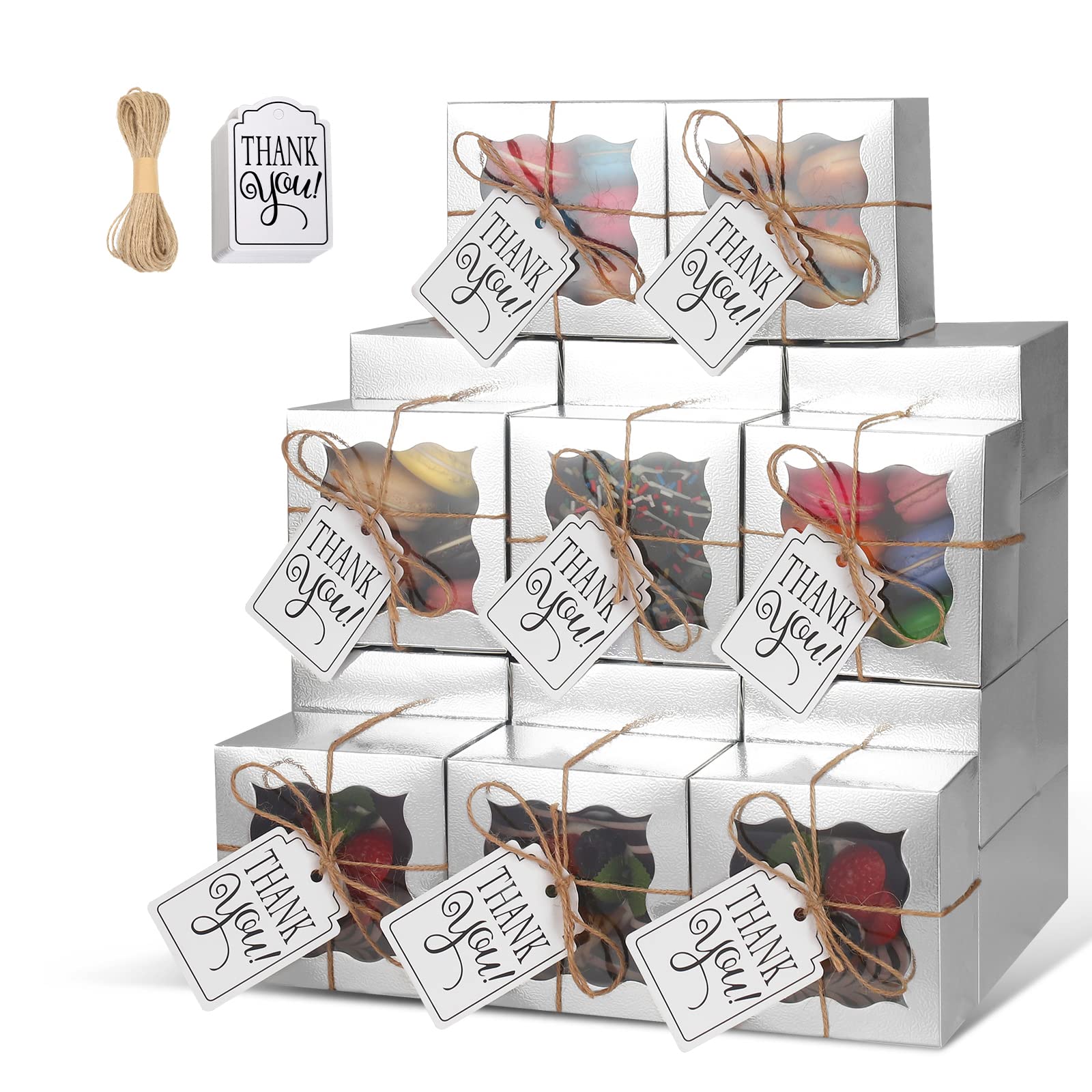 KPOSIYA 10 Pcs Silver Bakery Boxes with Window Individual Cupcake Boxes 4x4x2.5 Inches Cookie Box Kraft Paper Silver Gift Box for Pastries, Cookies, Pie, Donuts, Macaroon