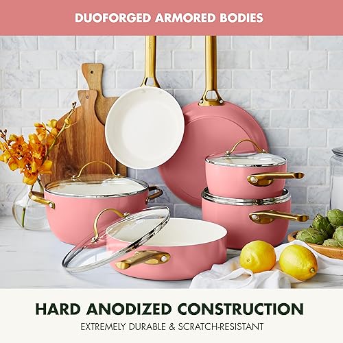 Miniatura 5 de GreenPan Juego de ollas y sartenes antiadherentes de cerámica anodizada dura, 10 piezas, asas de acero inoxidable en tono dorado, sin PFAS y PFOA,