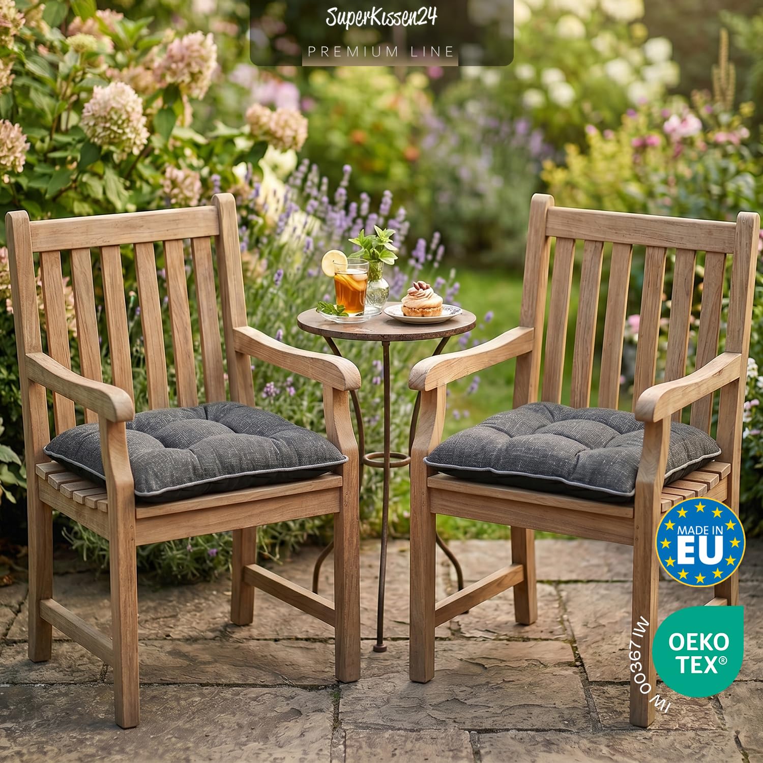 Outdoor Leinen-Optik Sitzkissen Stuhlkissen - 8er Set - 45 x 45 cm - Made in EU, Wasserdichtes & UV-beständig Gartenkissen - Stuhlauflage Stuhlpolster für Balkonstühle – Dunkel Grau