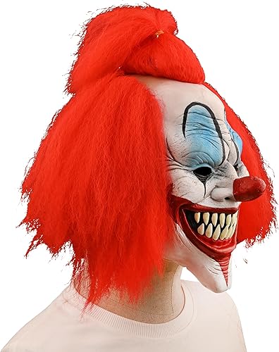 Miniatura 7 de Máscara de payaso de Halloween aterradora para adultos con pelo, máscara de disfraz de asesino malvado de terror
