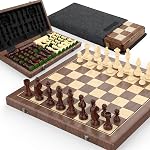15" Wooden Folding Chess & Checkers Set - 2 in 1 Board Game with 3" King Staunton Pieces and 2 Extra Queens
