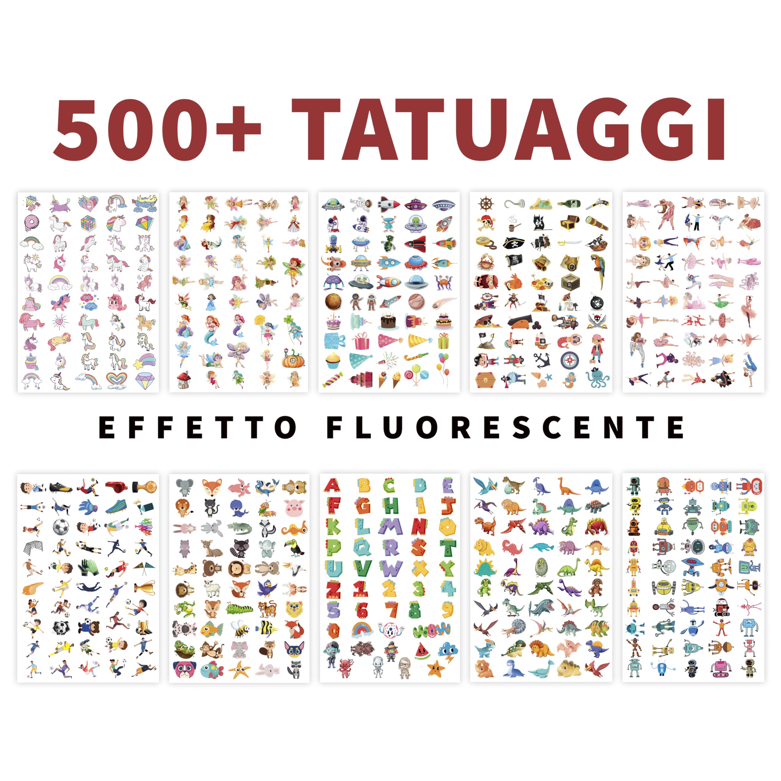 500 Pz Tatuaggi per Bambini - 10 Fogli Tatuaggi Temporanei Luminosi Gadget Compleanno Bambini Originali - Regalini Fine Festa Compleanno Invitati Bambino Bambina Unicorno Dinosauro Sirena Calcio