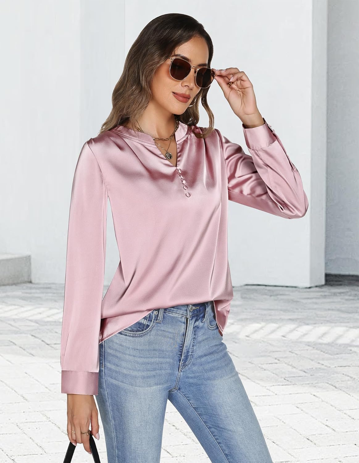 Womens Satin Silk Blouse Long Sleeve Button Front V Neck Shirt Business Casual Work Tops Lightweight Elegant Office Wear - Image 6