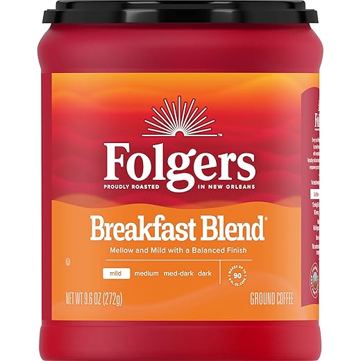 Folgers Breakfast Blend medium_roast Ground Coffee, Smooth & Mild Coffee, 9.6 Ounce Canister