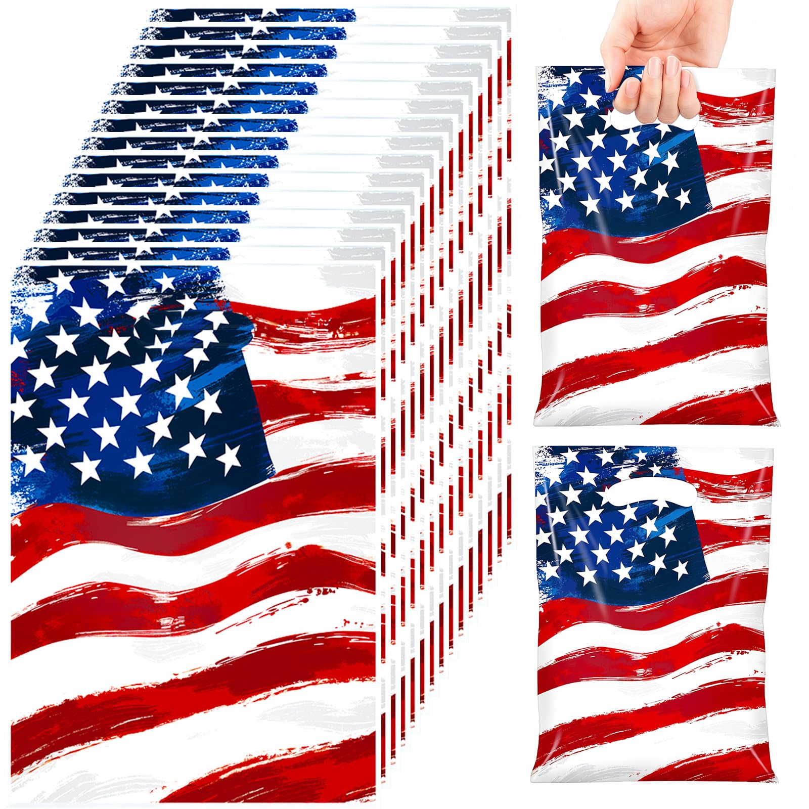 50 Pack American Flag Party Favor Bags, Patriotic Plastic Goodie Treat Gift Bags for 4th of July, Independence Day, Memorial Day, Veterans Day, USA Flag Candy Loot Bags, Patriotic Party Supplies