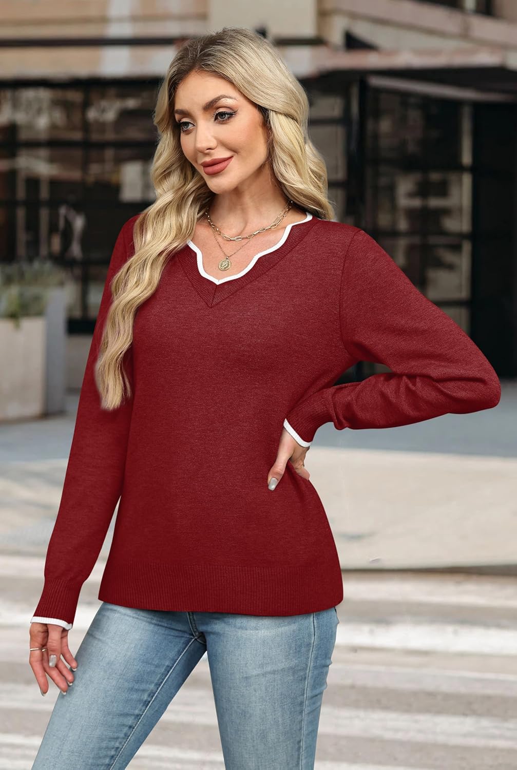OFEEFAN Womens V Neck Sweaters Pullover Cozy Lightweight Sweaters Long Sleeve Tops Winter Clothing 2026 - Image 4