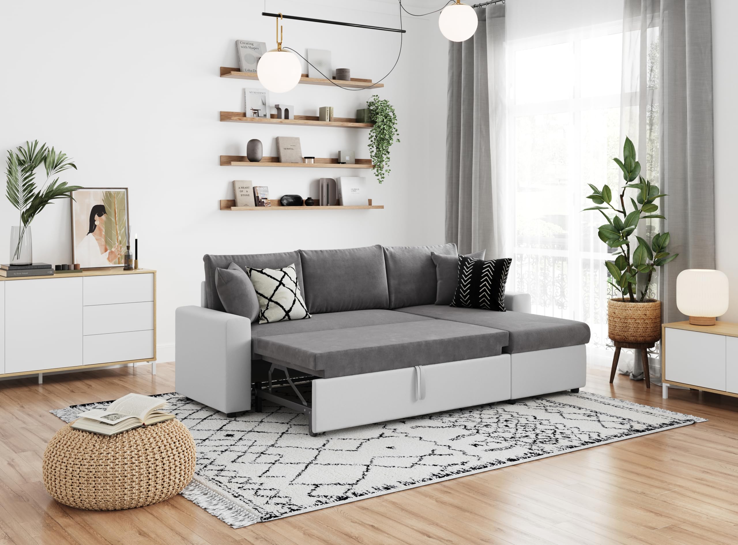 LOUNGITUDE Canapé d'angle 4 Places Convertible et Réversible Maria avec Coffre en Simili et Microfibre