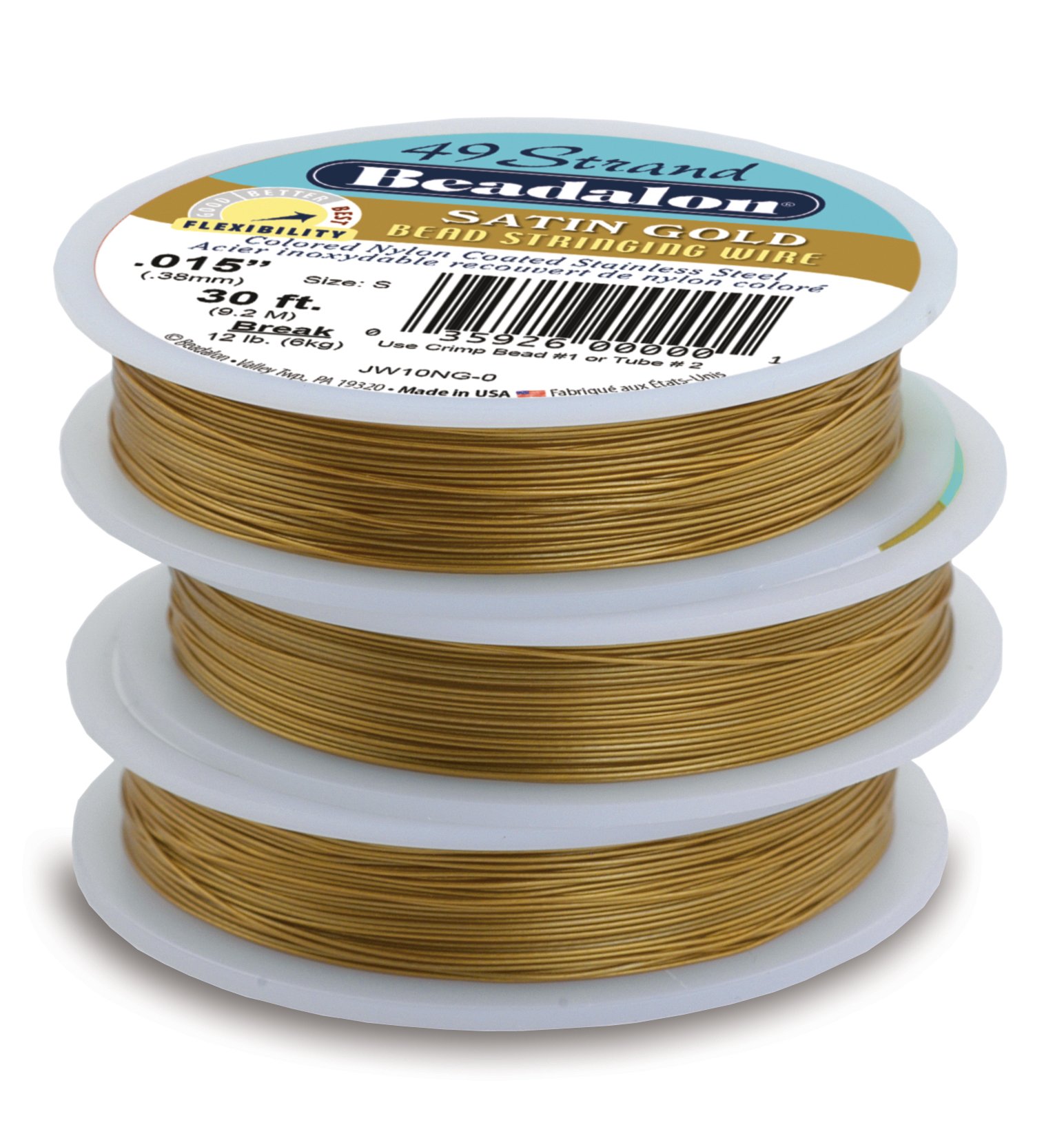 Beadalon 49-Strand Bead Stringing Wire, 0.015-Inch, Satin Gold, 100-Feet