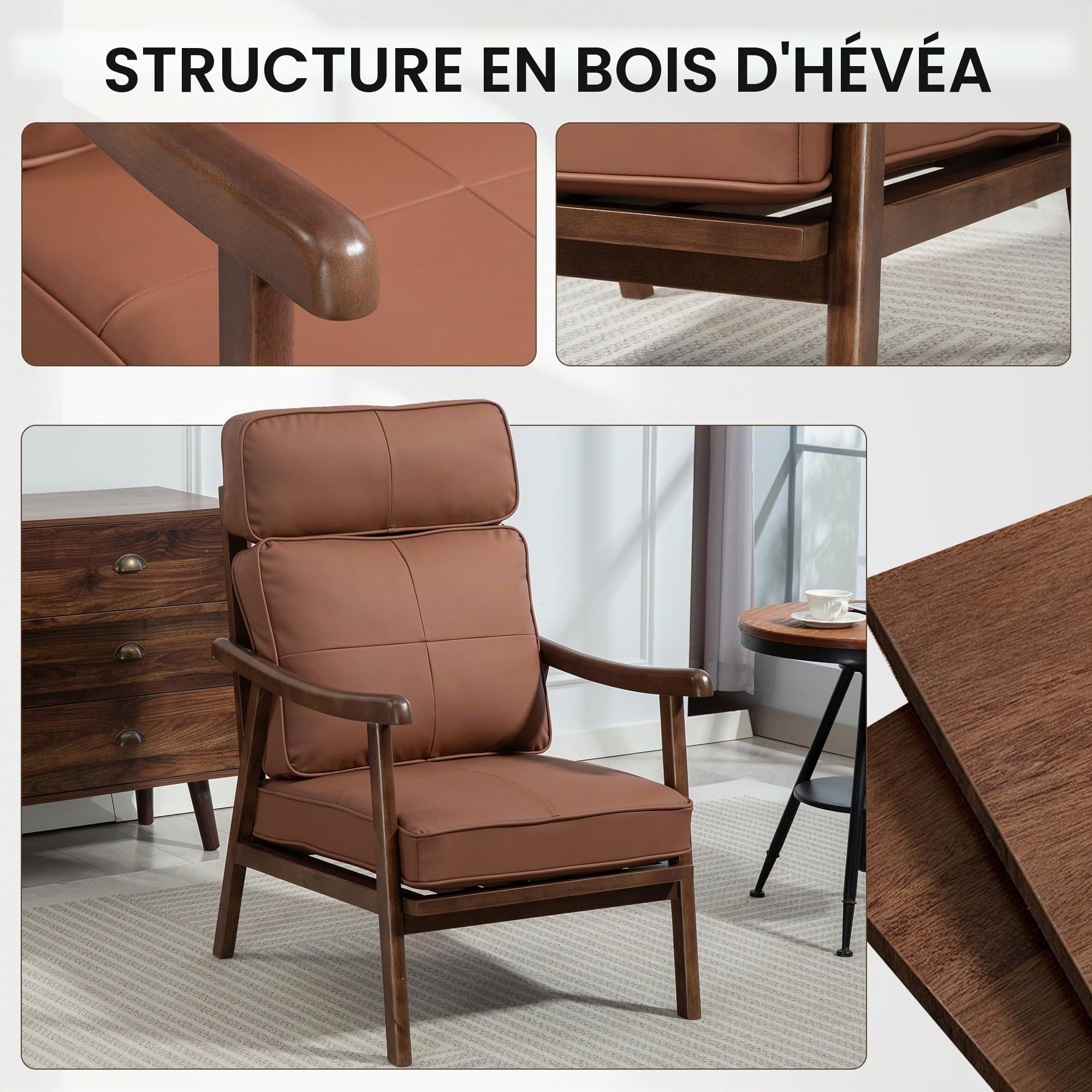 HOMCOM Fauteuil de salon Fauteuil de salon en PU avec structure en bois Coussins épais et rembourrés Dossier haut Charge 150 kg Fauteuil de lecture pour salon Chambre à coucher Marron et bois de noyer