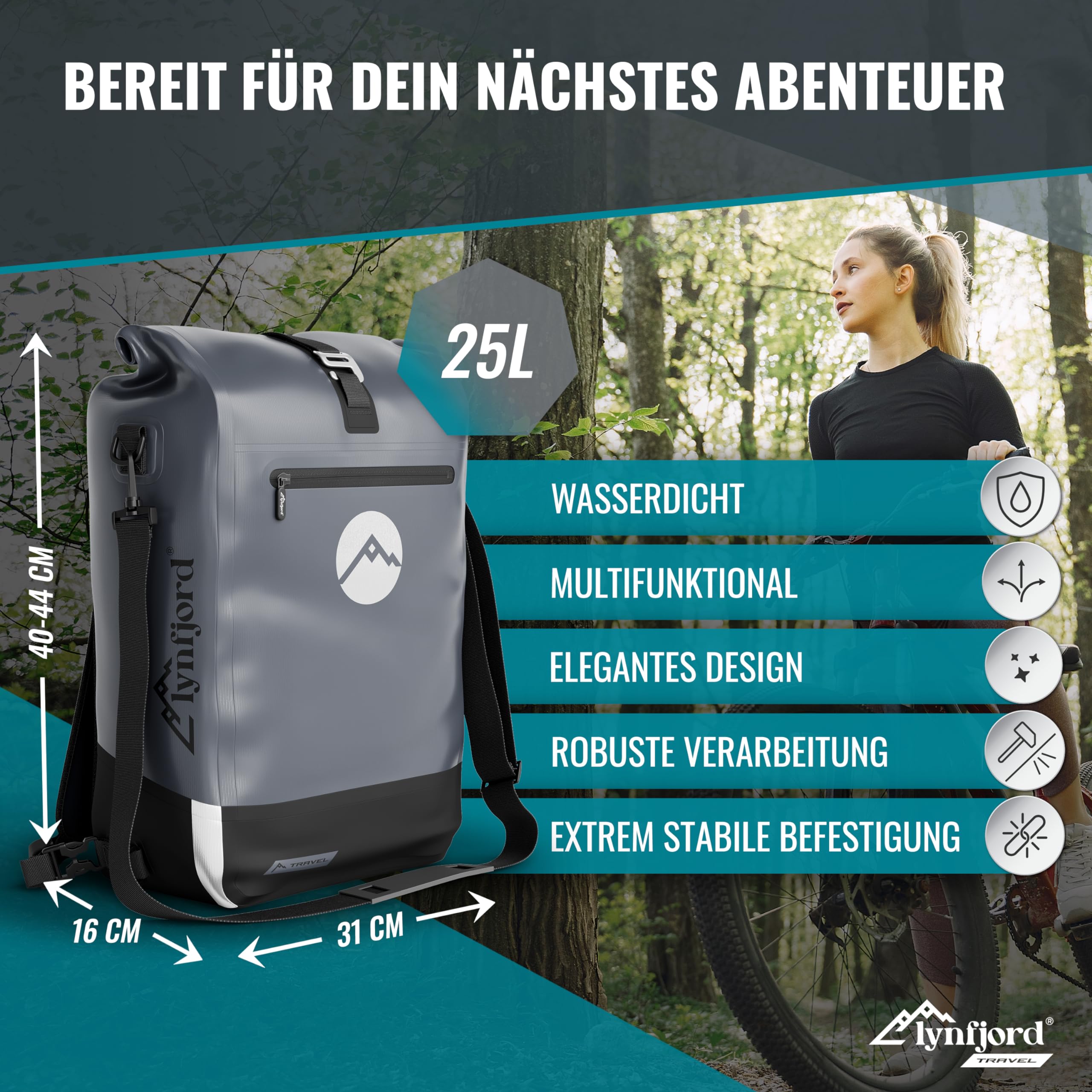 Travel Trek 25 Fahrradtasche 3in1 - optimierte Gepäckträgertasche, Rucksack, Cross Bag - wasserdicht - Rückenpolster - Helmnetz - Schnelleinhängung - Laptoptasche - Rückwand - Fiord