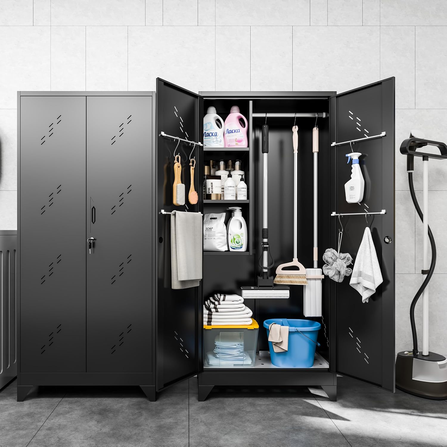 VASAAOSD Metal Garage Storage Cabinet, 75” Cleaning Tool Cabinet with Hooks and Hanging Rods, Heavy Duty Garden Tool Organizer, Broom Cabinets for Home, Garage, Laundry Room, Gym, Workshop