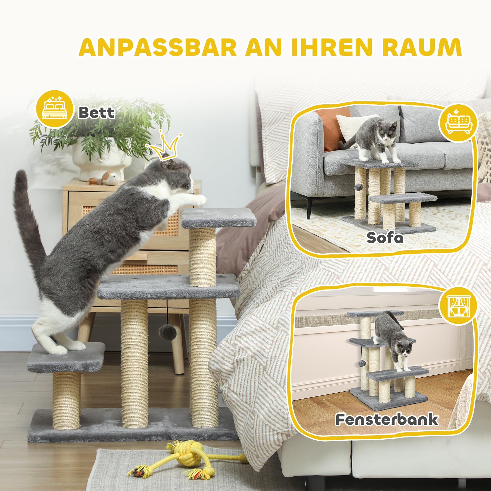 PawHut Hundetreppe 3 Stufen 54 cm Hoch Haustiertreppe für Kleine Hunde Katzentreppe Hunderampe mit Sisal Kratzbäumen, Spielball, Einstiegshilfe für Bett, Sofa, Couch und Auto Grau